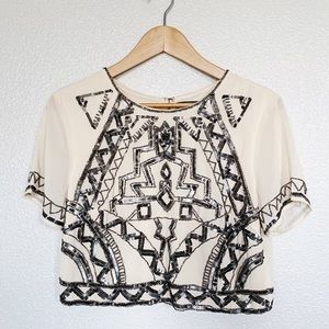 Tan/Champagne Beaded Open Back Crop Top